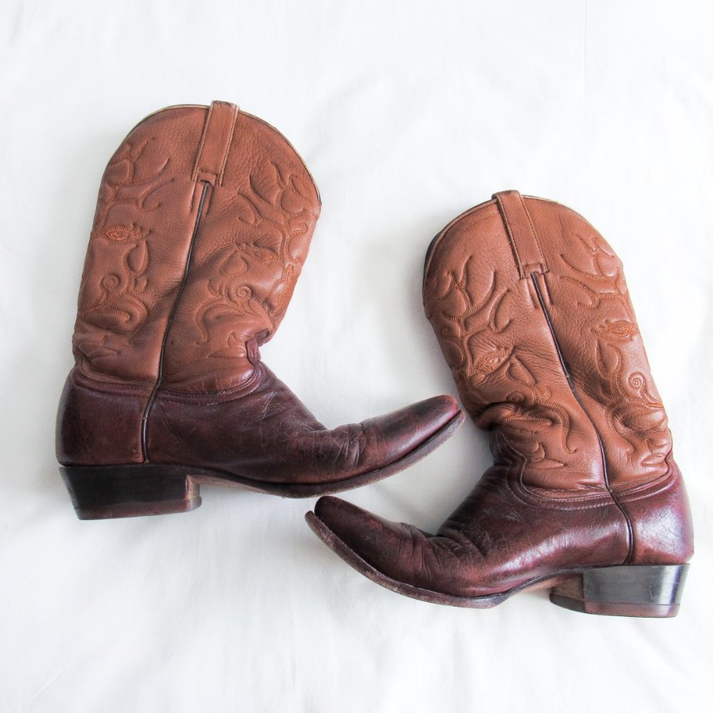 VINTAGE Western Embroidered Leather Cowboy Boots Brown Mid Calf Size Mens 9 - Picture 2 of 12